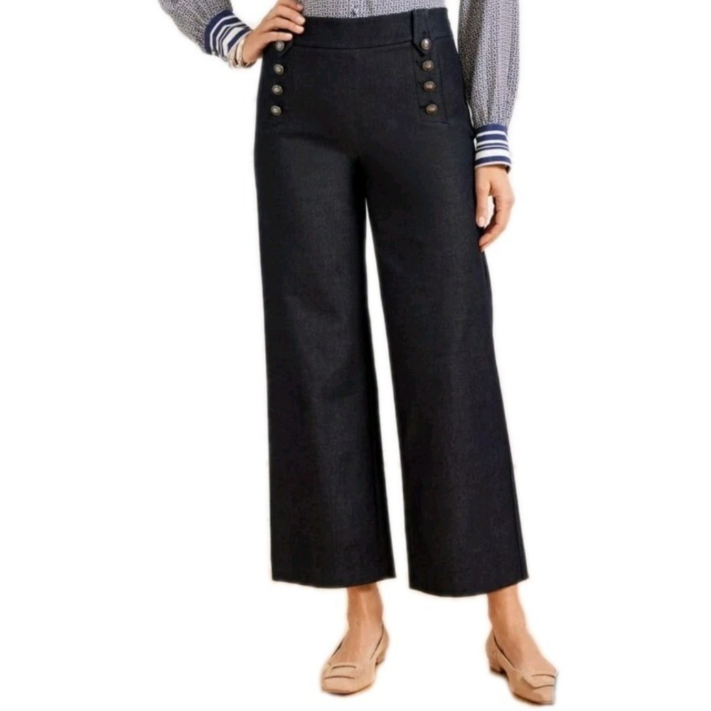 Talbots Women's Knit Wide Leg Pants Size 16P Navy Blue Sailor Cropped Side‎ Zip